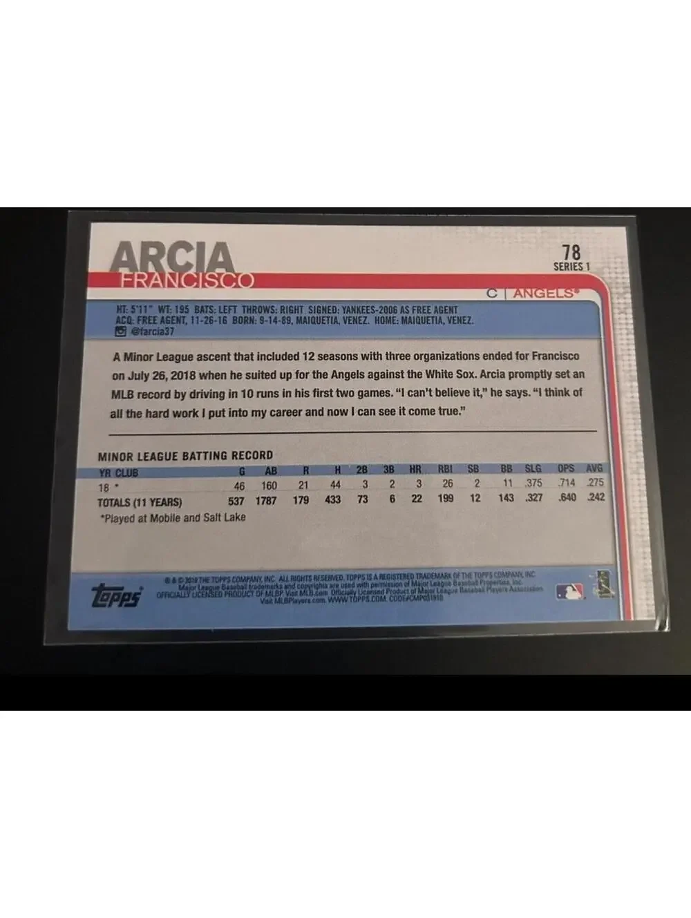 2019 Topps Series One #78 Francisco Arcia (RC) Rookie Card  Los Angeles Angels